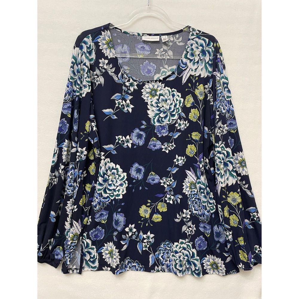 Susan Graver Liquid Knit Top 2X Navy Floral Long Sleeve Blouse Stretch Comfy